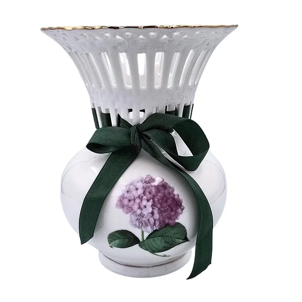 Purple Hydrangea Porcelain Flower Vase Gold‎ Trim Lattice Neck